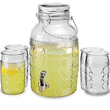 Imagem de Circleware Conjunto de vime para entretenimento, dispensador de bebidas com tampa hermética e 4 copos, jarra de vidro para água, suco, cerveja e vinho, kombucha e bebidas frias, 3,5 L e 4 x 40 ml