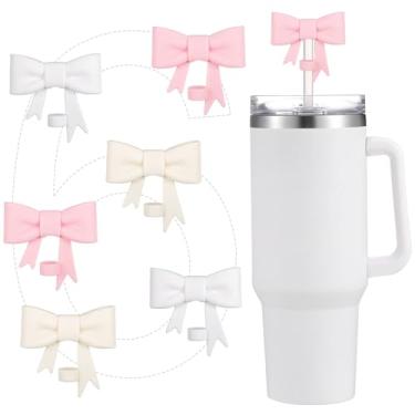 Imagem de SiliFine 6 peças de topos de canudo de laço fofos compatíveis com Stanley copos de copo de 30/1,134 g protetores de canudo de silicone reutilizáveis tampas de cobertura de canudo para canudo clássico