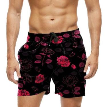 Imagem de Short Praia Shorts Banho Bermuda Verão Flores Florida Rosa Vermelho 57