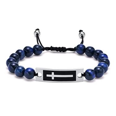 Imagem de Rockyu Pulseira masculina de pedra olho de tigre azul com pingente de cruz de aço inoxidável ajustável 16-25 cm joia moderna para uso diário, 8mm, Aço inoxidável