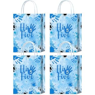 Imagem de Tyndallrays 16 peças Hi Five Birthday Party Favors Bags, Blue 5th Birthday Gift Snacks Treat Candy Party Favors Bags com alças para decorações de festa de aniversário de 5 anos de idade