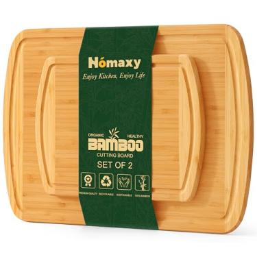 Imagem de Homaxy Conjunto de 2 tábuas de corte de bambu para cozinha, conjunto de tábuas de corte de madeira com ranhura de suco, conjunto de tábua de cortar bloco de açougueiro de madeira para cozinha, carne,