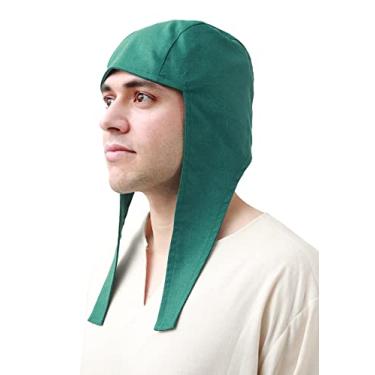 Imagem de FURPHI Chapéu de linho medieval Coif com abas de orelha, gorro renascentista, fantasia de Natal de Halloween, Verde, tamanho �nico
