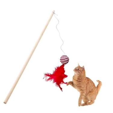 Imagem de Varinha para gatos Brinquedo Interativo Vara pra Gato Sisal Colorida Penas Plumas Varios Modelos (Bolinha de Sisal e Penas)
