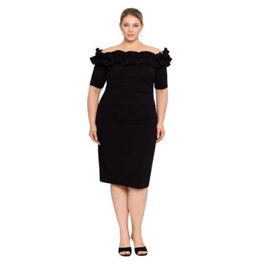 Imagem de Xscape Vestido feminino plus size comprimento até o joelho ombro a ombro, Preto, 58