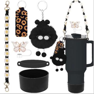 Imagem de 6 peças para acessórios Stanley Cup Tumbler 1,134 g 850,5 g, compatível com Stanley Cup Tumbler garrafa de água alça sling alça para transporte (preto)