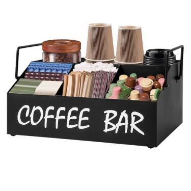 Imagem de DYGZBLHT Organizador de estação de café para bancada – 5 compartimentos, acessórios e organizador de café com alças – organizador de condimentos preto para café e chá – decoração de cafeteria preta
