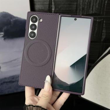 Imagem de Capa magnética de couro de fibra de carbono para Zflip5 Z Flip 6 5 4 3 ZFold 5 4 3 Capa de luxo com amortecedor de silicone fino, roxa, para Z Fold6