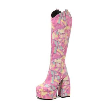 Imagem de UNWRBD Botas de cano alto de 12 cm com plataforma impermeável para inverno, cabeça redonda, grafite, salto alto, botas femininas com fundo grosso, rosa, US6.5 EU38