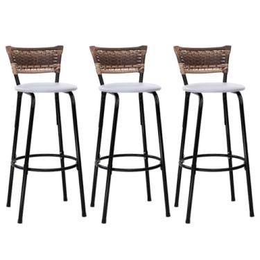 Imagem de Kit 03 Banqueta Altas Junco Cappuccino Estrutura Preta Assento Branco 70cm Para Balcão Cozinha, Bar, Bistrô, Americano - Itagold