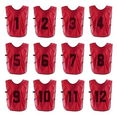 Imagem de PATIKIL Colete de treinamento de futebol, pacote com 12 pinnies esportivos de equipe, reversível, numerado, pennies para treino de futebol, babadores com cinto para adultos, 63 cm, vermelho, Vermelho,