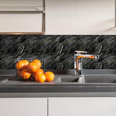 Imagem de AMAZING WALL 20 peças de revestimento de PVC para cozinha, azulejos de mármore dourados pretos de 7,6 cm x 15,2 cm, adesivos autoadesivos para cozinha, banheiro