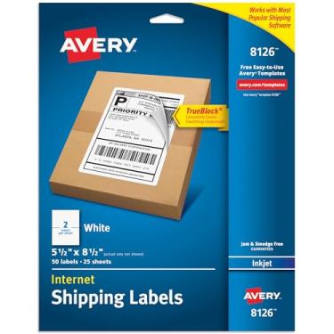 Imagem de Avery 8126 Etiquetas de endereço de entrega, impressoras a jato de tinta, 50 etiquetas, etiquetas de meia folha, adesivo permanente, bloco verdadeiro, 1 pacote, branco