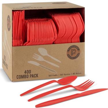 Imagem de PLASTICPRO Pacote com 400 utensílios de plástico descartáveis, conjunto de talheres coloridos variados, garfos, colheres, facas, talheres, talheres de plástico vermelho para festas