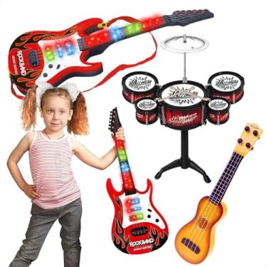Imagem de Instrumentos Musicais Guitarra Brinquedo Luz Som Mini Bateria Violão Ukulele Infantil Educativo Pedagógico Musicoterapia Presente Natal Dia das Crianças Menino Menina (Bat. Vermelha / Violão Claro)
