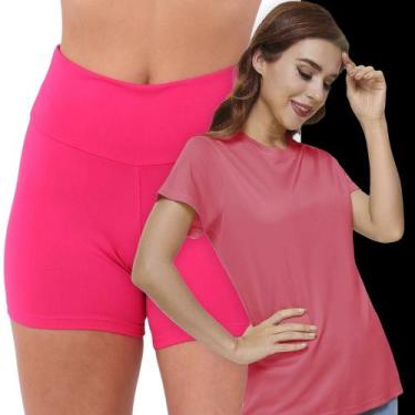 Imagem de Kit Short Legging BÁSICO Cós Alto + Camiseta Corrida Academia Fitness 