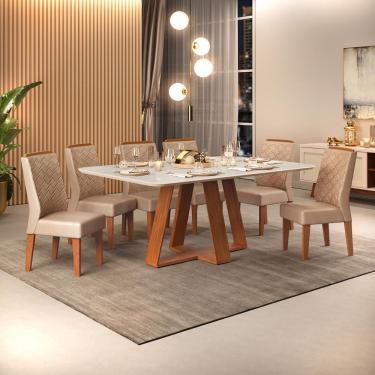 Imagem de Conjunto Sala de Jantar 6 Cadeiras Tampo Sem Vidro 170x90 dj Móveis Kiara Freijó Quartzo Lidia Veludo Kraft
