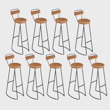 Imagem de Kit 09 Banqueta Alta Com Encosto Lena Industrial Bar Balcão Bistrô Ferro e Madeira Maçiça Peroba Rosa - Ahazzo Móveis