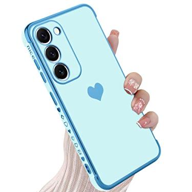 Imagem de KANGHAR Capa de telefone compatível com Samsung S23 5G para mulheres e meninas, borda chapeada fofa coração de amor TPU macio com 4 cantos à prova de choque para Galaxy S23 5G (azul)