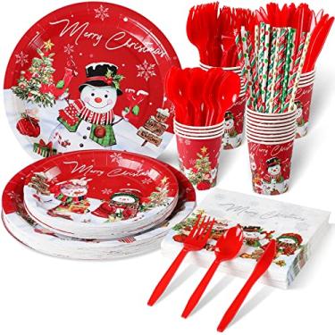 Imagem de Artigos de festa de boneco de neve de Natal, conjunto de pratos e guardanapos de boneco de neve de Natal, pratos de papel descartáveis, guardanapos, copos, facas, colheres, garfos para decorações de festa de Natal e inverno, serve 50