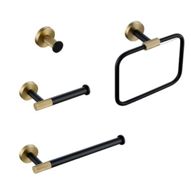 Imagem de Toalheiro montado na parede, suporte de papel dourado escovado, gancho preto fosco, suporte de escova de vaso sanitário, cores combinadas, suporte de papel (H ph)