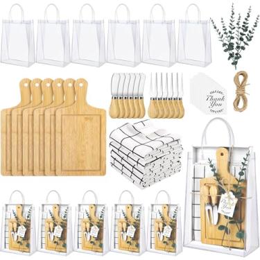 Imagem de Kochorie 6 conjuntos de prêmios de chá de bebê para vencedores de jogos praça bambu tábua de queijo presente com facas colheres sacos de presente toalhas de cozinha chá de panela lembrancinhas de