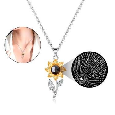 Imagem de Colar Pingente Girassol Eu Te Amo 100 Idiomas Projetor Prata - Things 