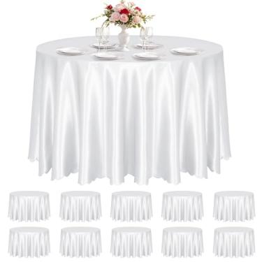 Imagem de KKJIAF Pacote com 10 toalhas de mesa redondas de cetim branco, 224 cm, sobreposição, toalha de mesa de jantar de cetim sedoso para decoração de banquetes de casamento, buffet, festas