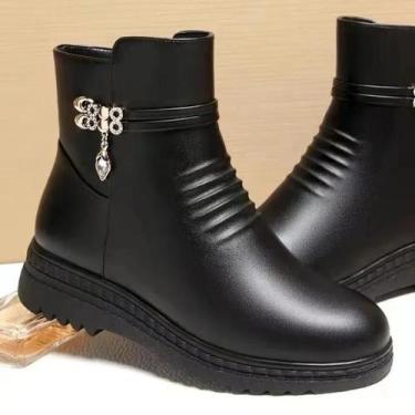 Imagem de Botas de Inverno Femininas de Couro Legítimo - Tamanho Grande com Forr
