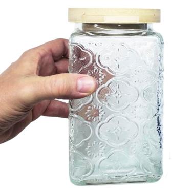 Imagem de Pote Porta Alimentos e Mantimentos Grande 1100ml em Vidro com Relevo e Tampa em Bambu Hermética