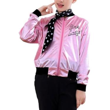 Imagem de Jaqueta feminina rosa de cetim da Interming para meninas 50S rosa cetim jaqueta fantasia de Halloween Casaco para meninas tamanho 6-14, Style-2, 6