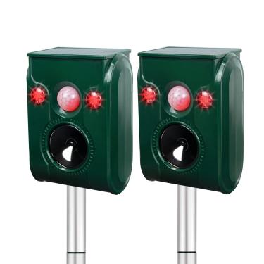 Imagem de PGFIT Pacote com 2 repelentes solares de animais, repelente ultrassônico de pragas, repelente de cervos, repelente de gatos ao ar livre, à prova d'água, ativação esportiva, LED, alarme sonoro, repelir