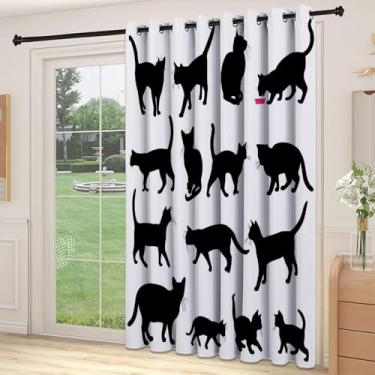 Imagem de Divisória de parede de cortina de quarto de gato, silhuetas de gato preto em diferentes poses, animais domésticos, patas de gatinho, cauda e bigodes, adequada para portas de vidro deslizantes,