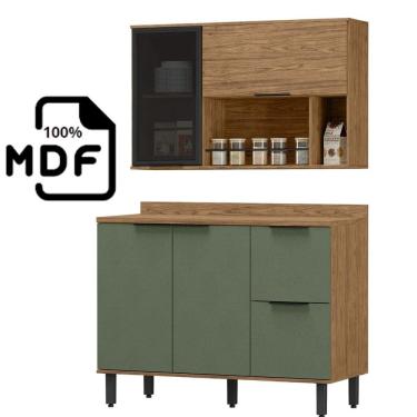 Imagem de Balcão de pia 1,20 com Tampo + Armário Aéreo em MDF Lombardia -  Freijó Jade