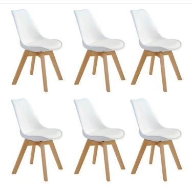 Imagem de Kit C- 6 Cadeiras Leda ? Charles Eames, Saarinen Wood Com Almofada Branca