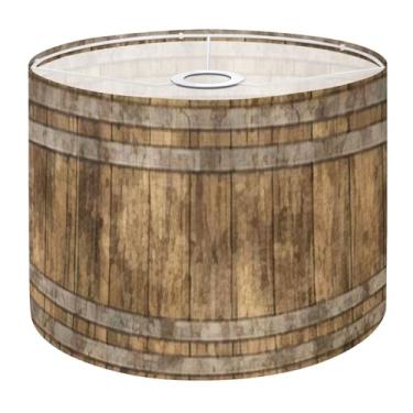 Imagem de Candeeiro de tambor de madeira com textura de barril de cerveja 3D, persianas – 28 x 28 x 22,6 cm, abajures de tecido de substituição vintage para candeeiros de mesa, luminárias de chão de fácil