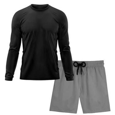 Imagem de Kit Short Praia Academia Passeio Treino Cinza + Manga Longa Masculina Segunda Pele Dry-Masculino