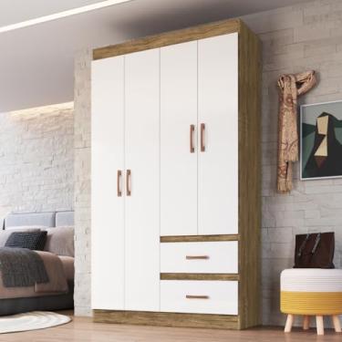 Imagem de Guarda Roupa Roupeiro 4 portas 2 gavetas Solteiro Cor Nogueira Marrom Off White