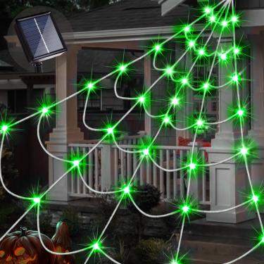 Imagem de Luzes de teia de aranha para decoração de Halloween ao ar livre movidas a energia solar, teia de aranha branca triangular de 14,8 x 16,4 pés com 135 luzes verdes de LED, decoração solar de Halloween