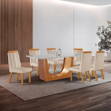 Imagem de Conjunto de Jantar Mesa Maceió Tampo Mdf e Vidro com 6 Cadeiras Florença Yescasa Castanho Cinamomo/Creme/Off White