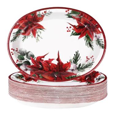 Imagem de 50 peças de pratos ovais de Natal 25,4 cm x 30,5 cm grandes descartáveis 400 g/m2 Poinsétia vermelha resistente pratos de sobremesa de papel floral decorações de festa de aniversário de Natal para