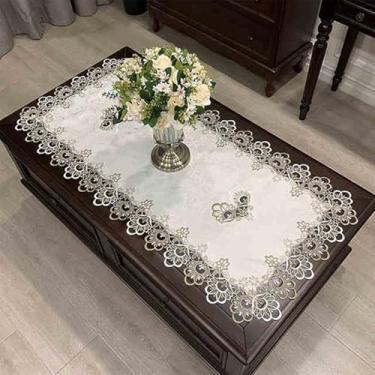Imagem de Toalha de mesa de centro bordada de renda branca cinza patchwork retangular com flores vazadas, adequada para sala de estar, romântico, rústico, casamento, decoração de férias - 61 x 128 cm