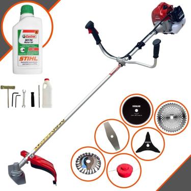 Imagem de Roçadeira À Gasolina Kawashima BCJ620-L 62cc Com Lâmina 2 Pontas e Carretel + Facas 3 Pontas, 40 Dentes Vídea, 80 Dentes, Escova de Aço + ÓLEO STIHL