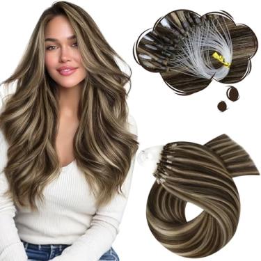 Imagem de Moresoo Micro Bead Hair Extensions Human Castanho Escuro Destaques Loiro Caramelo Link 16" Anel Reto Para Uso Diário 50G/50S