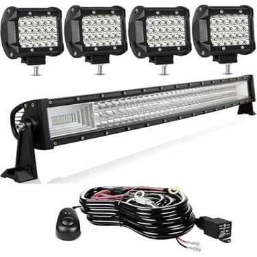 Imagem de Kits de barra de luz LED – Barra de luz LED para condução off-road de 32 polegadas curva de 405 W + 4 unidades de 10 cm 72 W com chicote de fios apto para caminhonetes, SUV, ATV, UTV, luzes de barco