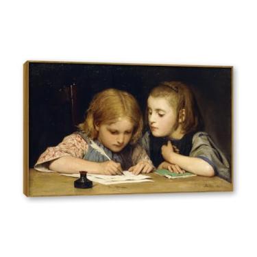 Imagem de Moldura externa de teca. Famosas pinturas a óleo, (aulas de escrita) de Albrecht Anker, reprodução impressa em tela, arte de cenário para decoração de sala de estar. 30 x 45 cm - 11,8 x 17,7 pol