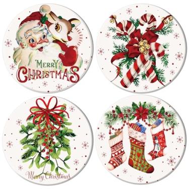 Imagem de Whaline 4 peças de porta-copos de cerâmica de Natal para bebidas, vintage, Papai Noel, azevinho, baga, doces, Natal, inverno, absorvente, tapete para copo para decoração de mesa de festas e festas
