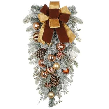 Imagem de Guirlanda de gota de Natal de 76 cm para guirlanda artificial de inverno com pinhas, cachos de bagas, enfeites de bola de bronze e fitas para decoração de Natal de Ação de Graças