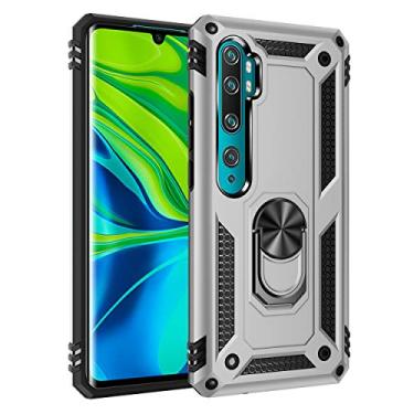 Imagem de SORAKA Capa para Xiaomi Mi Note 10 com suporte de anel capa armadura Xiaomi Mi Note 10 Pro capa traseira de policarbonato rígido com placa de metal para suporte magnético de telefone carro prata