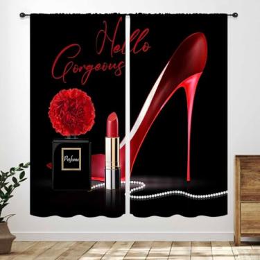 Imagem de Cortinas pretas modernas, vermelho salto alto perfume rosa flor batom moda maquiagem romântica mulheres meninas cortinas tratamentos para quarto sala de estar banheiro 2 painéis, 42 x 45 polegadas